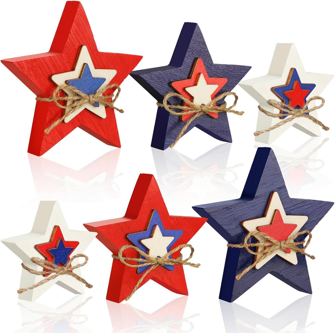6 Pcs Patriotic Wooden Stars Signs Memorial Day Decorations Red White and Blue Embossed Star 4th of July Table Decor